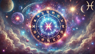 Glowing zodiac wheel with centered Pisces symbol in foreground placed against a swirling cosmic background